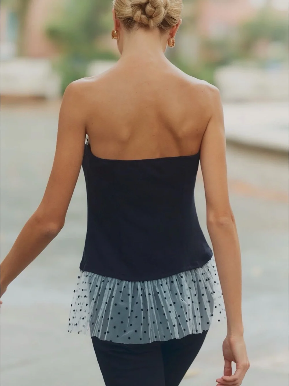 Maeve Navy Strapless Peplum Top with Sheer Polka-Dot Trim - Picture 2 of 4